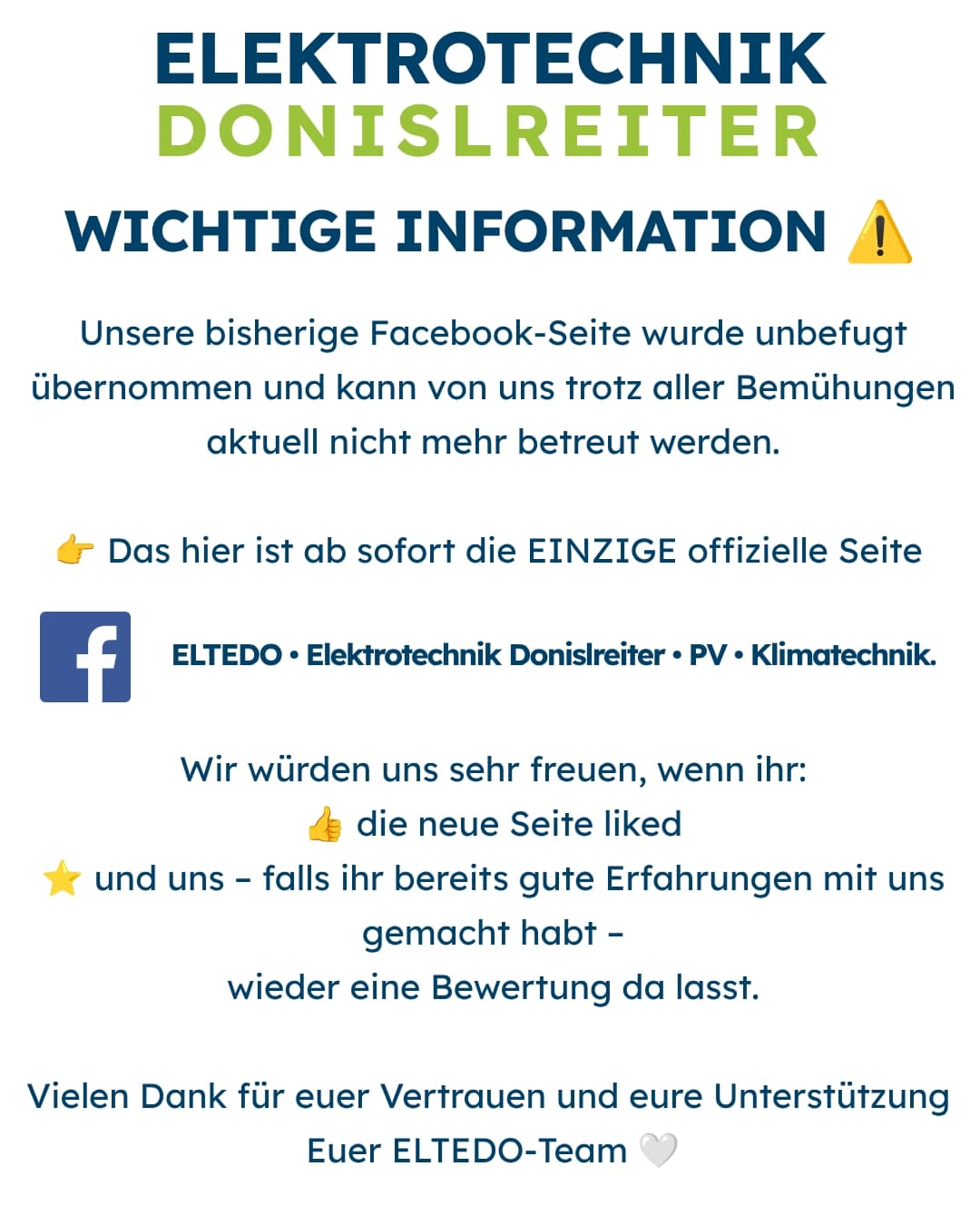 WICHTIGE INFORMATION ⚠️
Unsere bisherige Facebook-Seite wurde unbefugt übernommen
und kann von uns aktuell nicht mehr b