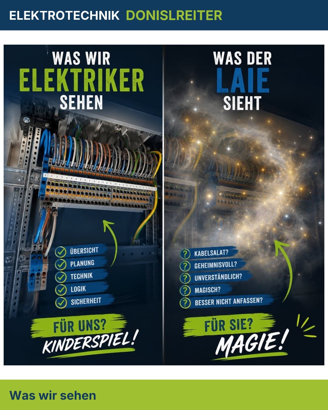 Zwei Menschen. Dasselbe Bild. Völlig unterschiedliche Wahrnehmung.
Wo du Kabel siehst, sehen wir Querschnitte, Lastvert